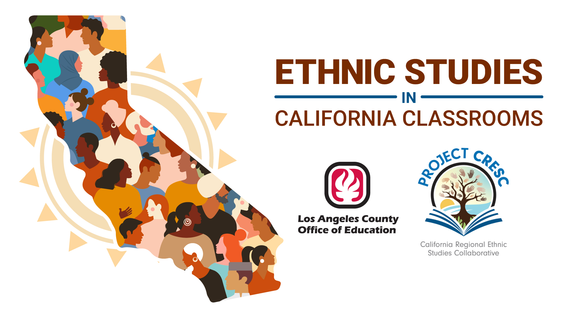 Illustration of map of California and the sun with LACOE and Project CRESC logos